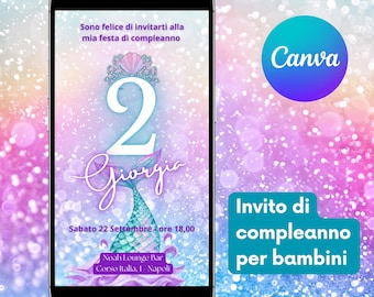 INVITO COMPLEANNO BAMBINA tema sirenetta - Invito digitale per compleanno, stampabile, whatsapp, editabile template Canva, Tema Sirenetta