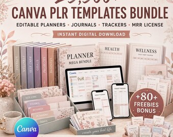 Paquete de más de 25.500 plantillas PLR/editables de Canva, productos digitales con derechos PLR y MRR incluidos.