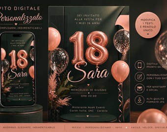 Invitación de cumpleaños número 18 para una chica. Invitación digital de cumpleaños número 18 para editar con Canva, plantilla de Canva. Invitación en rosa y verde.