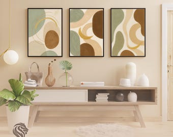 Juego de 3 láminas modernas estilo boho, arte de pared en tonos beige neutros, láminas de líneas boho chic, arte abstracto digital. Decoración de pared para sala de estar.