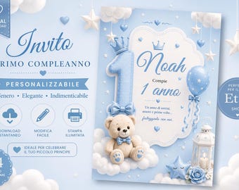 Invitación de cumpleaños para bebé (editable en Canva) | Invitación de primer cumpleaños para niño con oso azul (editable, descarga digital)