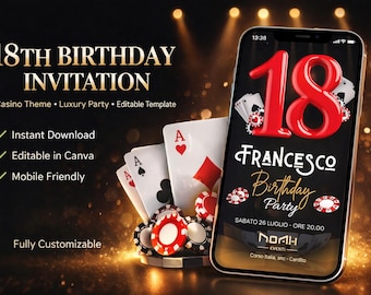 Invitación de cumpleaños número 18 editable en Canva, invitación con temática de casino, fiesta de póker de lujo, descarga digital, plantilla de invitación para 18 años, invitación de cumpleaños VIP