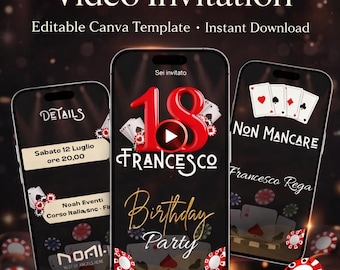 INVITACIÓN DE CUMPLEAÑOS DE CASINO - Invitación digital, invitación para hombre, fiesta de cumpleaños número 18, temática de casino, imprimible, WhatsApp, plantilla Canva editable