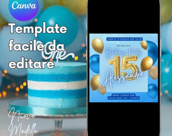 BIRTHDAY PARTY INVITATION - Digital birthday party invitation, printable invitation, WhatsApp, editable CANVA template