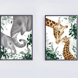 Safari Animal, Set of 2 Wall Art - giraffe, elephant, safari printable art. Baby Nursery, children’s bedroom decor. gender neutral gift.