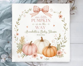 Custom Pumpkin Baby Shower Napkins, Our Little Pumpkin Is on the Way, Personalized Pink Bow Napkins, Fall Baby Girl Shower Decorations