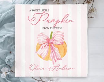 Sweet Little Pumpkin Baby Shower Napkins, Personalized Pink Bow Napkins, Watercolor Fall Baby Girl Party Decorations