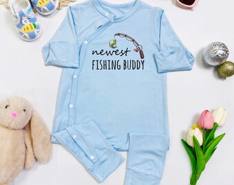 Newest Fishing Buddy Newborn Bodysuit, Funny Baby Shower Gift, Personalized Fishing Theme Romper, Coming Home Clothes, Baby infant outfit