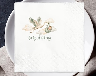 Personalized Baby Shower Napkins, Custom Stork Baby Napkins, Watercolor Baby Boy Party Napkins, Event Decor, Party Decorations