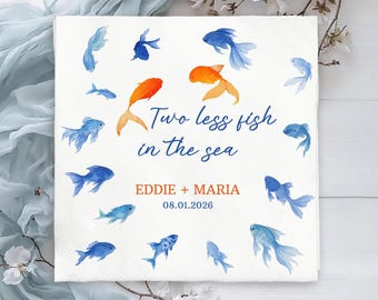 Personalized Wedding Napkins, Two Less Fish in the Sea Custom Napkins, Blue Orange Watercolor Fish Party Decorations, Bridal Shower