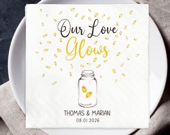 Custom Wedding Napkins, Our Love Glows Firefly Napkins, Personalized Party Napkins, Romantic Event Decor