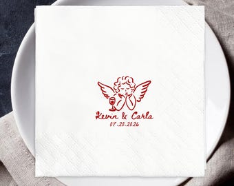Personalized Wedding Napkins, Cherub Couple Cocktail Napkins, Custom Cupid Wedding Decor, Romantic Engagement Party Decor
