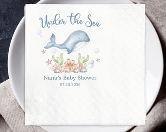 Custom Ocean Baby Shower Napkins, Under the Sea Whale Napkins, Personalized Party Napkins, Blue Ocean Party Decorations