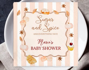 Sugar and Spice Baby Shower Napkins, Personalized Pink Pumpkin Napkins, Sweet Treat Fall Baby Girl Party Napkins, Custom Event Decor