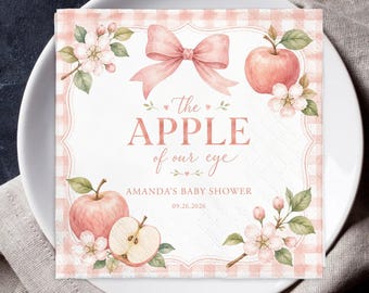 Personalized Apple Baby Shower Napkins, The Apple of Our Eye, Sweet Apple Pink Gingham Custom Napkins, Baby Girl Shower Party Decorations