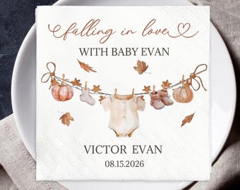 Falling in Love Baby Shower Napkins, Personalized Fall Pumpkin Napkins, Neutral Watercolor Baby Boy Party Napkins, Autumn Event Decor