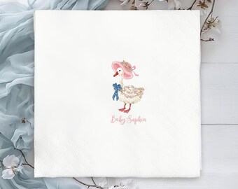 Personalized Duck Baby Shower Napkins, Custom Floral Duck Party Napkins, Baby Girl First Birthday Decor, Event Decorations