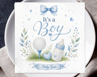 It’s a Boy Baby Shower Napkins, Personalized Golf Baby Shower Napkins, Custom Baby Boy Napkins, Blue Bow Golf Theme Party Decorations
