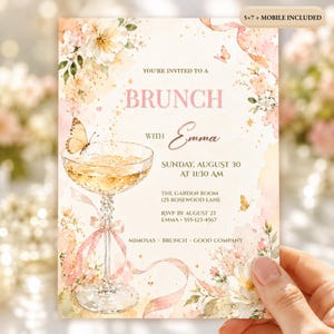 May include: A brunch invitation card featuring watercolour floral accents, a butterfly, and a champagne coupe glass. Text reads: YOU'RE INVITED TO A BRUNCH WITH Emma, SUNDAY, AUGUST 30 AT 11:30 AM, THE GARDEN ROOM 125 ROSEWOOD LANE, RSVP BY AUGUST 23.