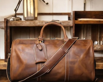 Personalized Men's Brown Leather Travel Gift Set, Birthday Gift Men, Guy Gifts, Men's Gift, Christmas Gift Men, Duffle Bag and Dopp