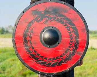 Drachen Holzschild - Wikinger Ouroboros Schild - Rundes Schild - Mittelalterliches Krieger Schild - Nordisches Holzschild - Dekor Schild