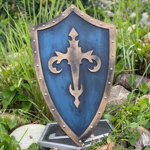 Templar Heater Shield - Knight Blue And Gold Medieval Shield - Wooden Heater Shield for Cosplay, LARP & Wall Decor - Best Gift For Him