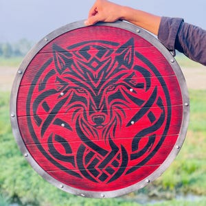 Viking Shield - Red Wolf Battleworn Viking Shield - Medieval Viking Warrior Shield - Medieval Wall Decor - wooden shield - Best Gift