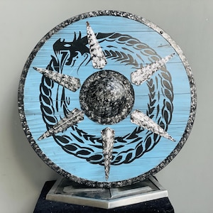 Viking Dragon Wooden Shield - Wooden Shield with Spiked Design - Blue Wooden Battle Shield for Cosplay & Decor - Viking Warrior Shield