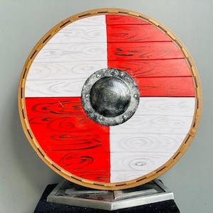 Medieval Viking Wooden Shield - Red & White Wooden Battle Shield - Authentic Battleward Vikings Shield Cosplay, LARP - Viking Warrior Shield