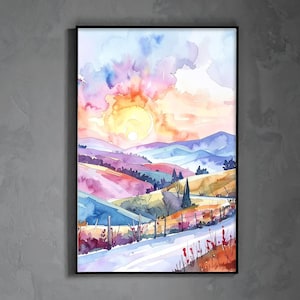 Retro sunset colors and rolling hills meet in this warm, abstract landscape. A printable wall art piece designed for modern home decor.