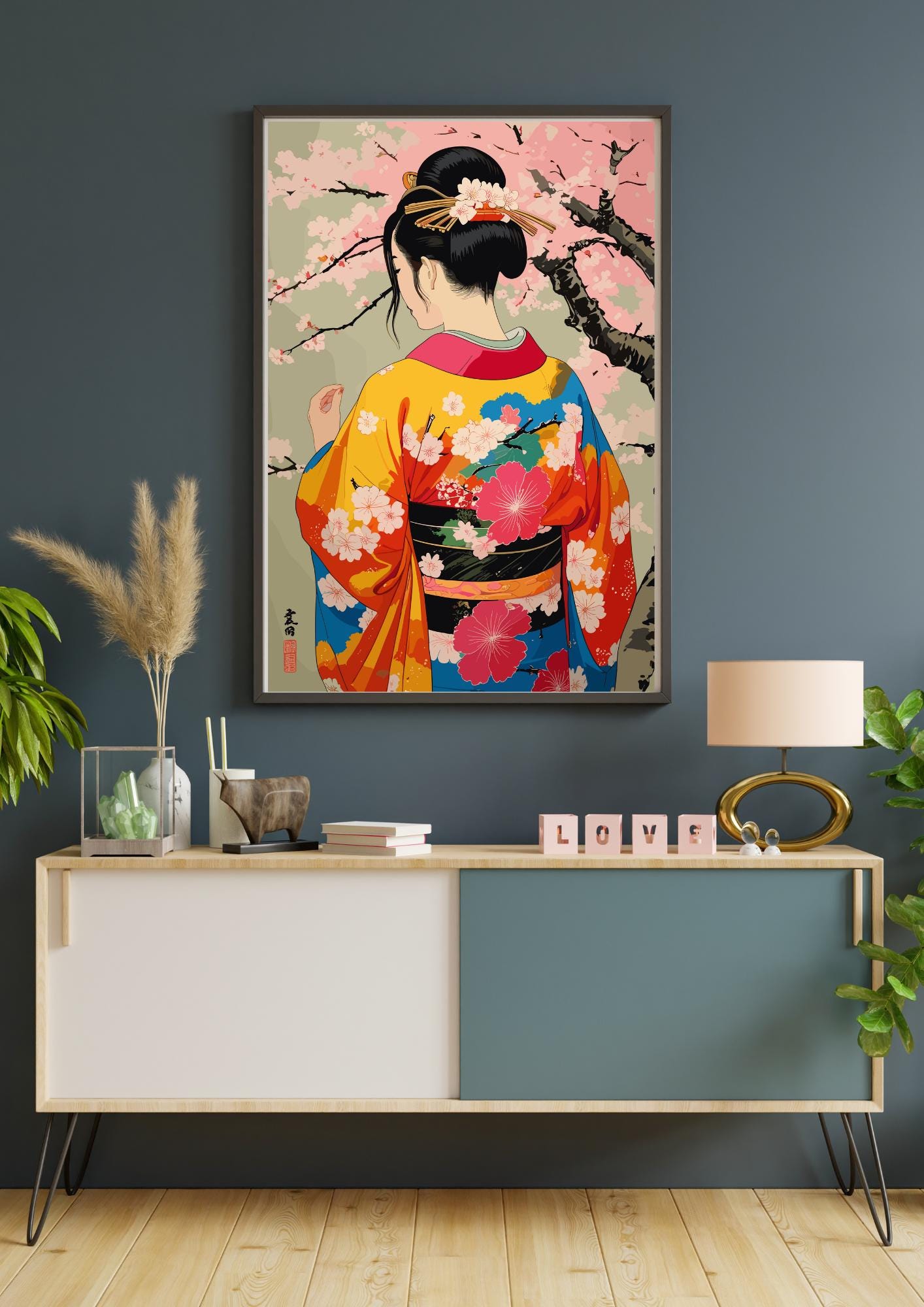 Cherry Blossom Beauty - Japanese Kimono Girl Art Print, Modern