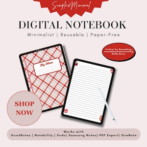 Può includere: Sono mostrati due quaderni digitali, uno con una copertina a quadri rossi e bianchi e l'altro con pagine a righe. L'immagine include il testo "DIGITAL NOTEBOOK" e "Minimalist | Reusable | Paper-Free". È presente anche uno stilo.