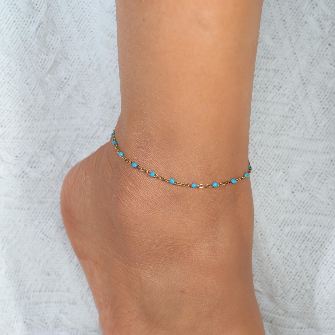 Blue Anklet String Dainty Gold Anklet, Blue Faux Turquoise Anchor Chain Anklet, 18K Gold ...