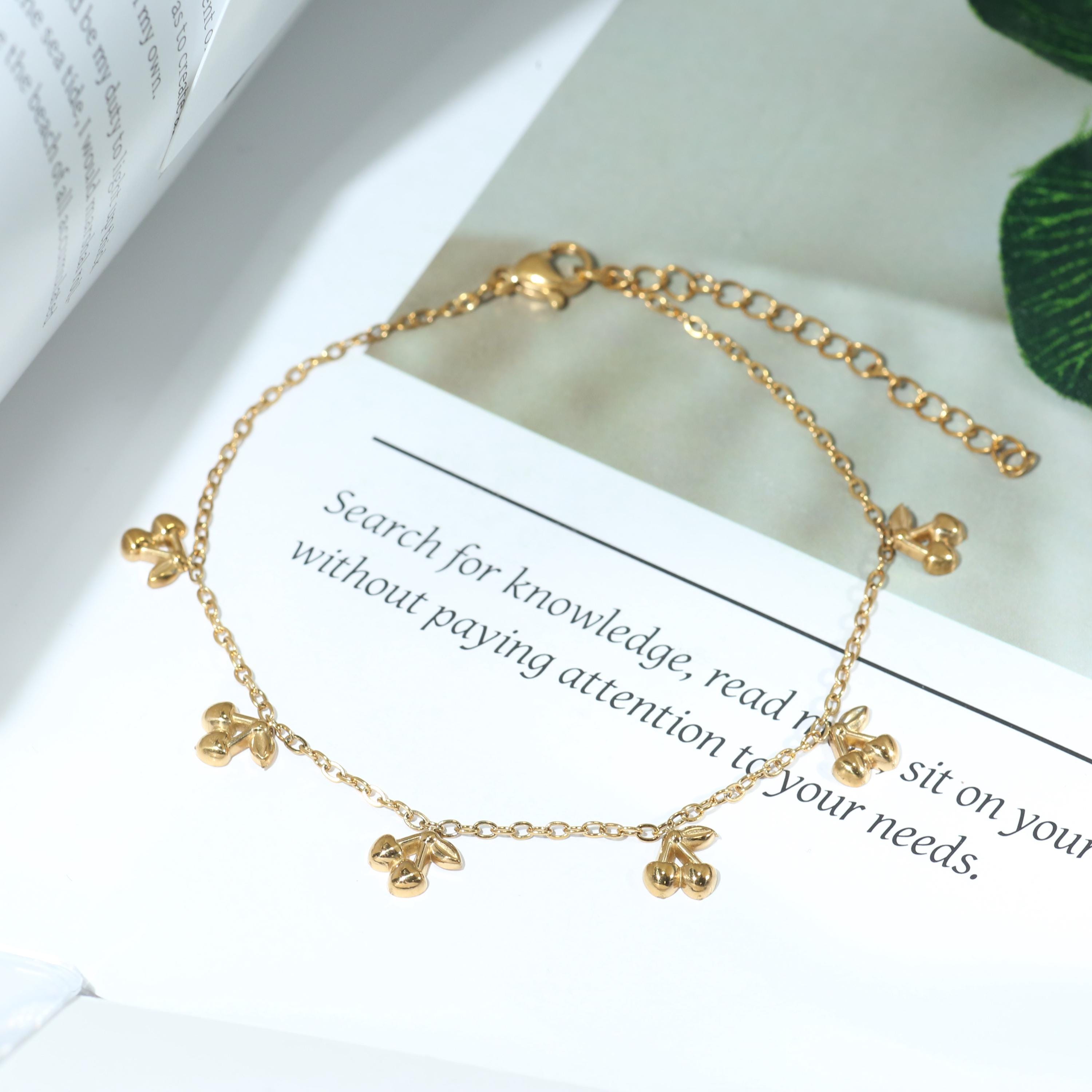 Gold Cherry Anklet, Cute Dainty Fruit Charm Anklet, 18K Gold Plated Stainless Steel, Anchor Chain Anklet for Summer
