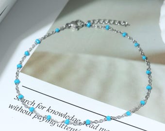 Silver Blue Beads Anklet, Anchor Chain Anklet with Blue Beads, Stainless Steel Adjustable Anklet, Dainty Summer Beach Jewelry for Her