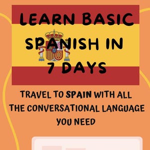 Peut inclure: Une affiche orange et blanche annonçant l'apprentissage de l'espagnol. Le texte indique "Apprendre l'espagnol de base en 7 jours" et "Voyagez en Espagne avec toute la langue conversationnelle dont vous avez besoin". L'image montre trois personnes étudiant.