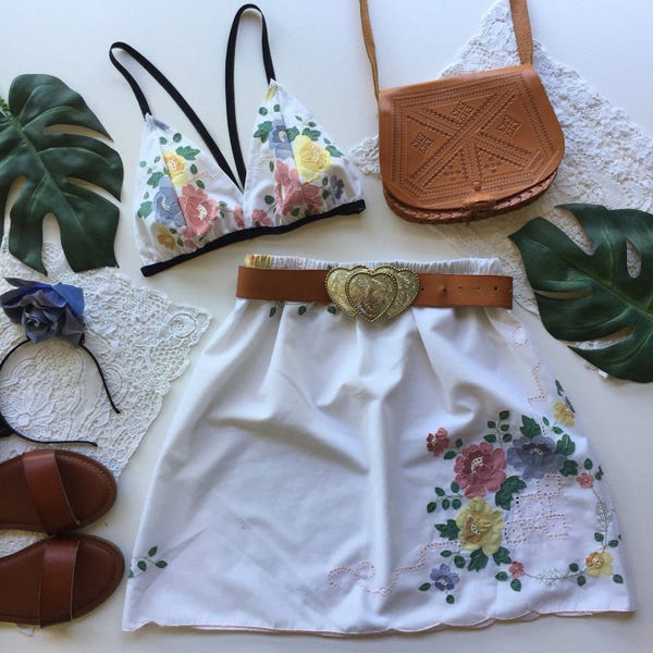 Floral embroidered off white matching set high waist skirt and triangle bra top festival outfit matching set two piece coord