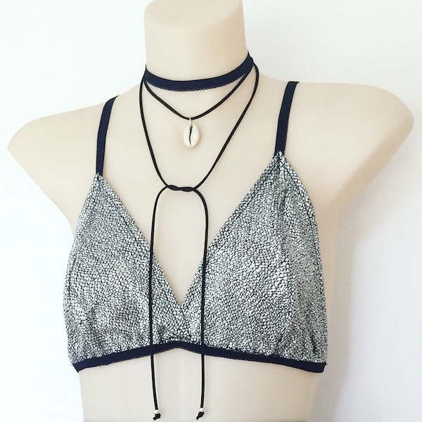 Silver metallic futuristic psychedelic bralette bra top bikini backless crop cropped top