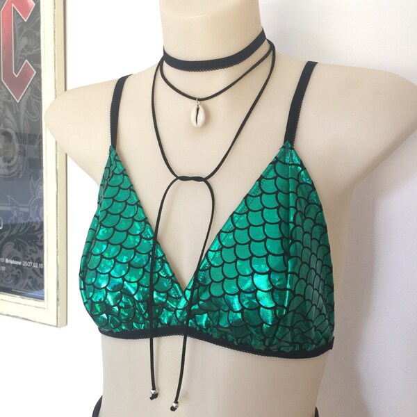 Mermaid psychedelic turquoise green scales bralette bra top bikini backless crop cropped top