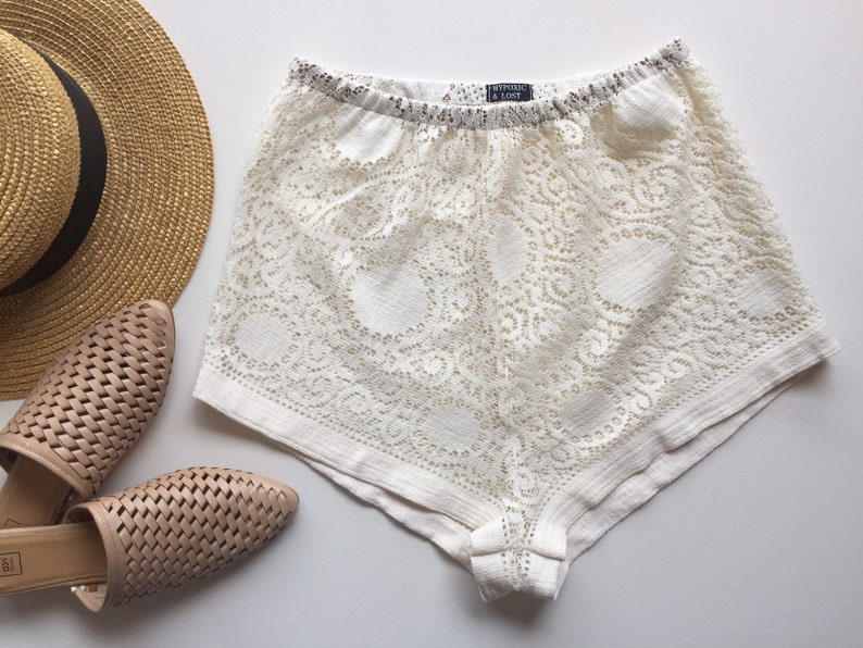 Cream crochet lace high waisted shorts boho
