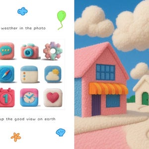 May include: A whimsical illustration featuring colorful, textured app icons and houses under a blue sky with fluffy clouds. The icons include a phone, camera, and calendar. The houses are pink, white, and green.