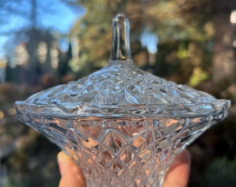 Vintage Cut Glass Candy Dish with Lid | Clear Crystal-Style Bonbon Bowl | 15 cm