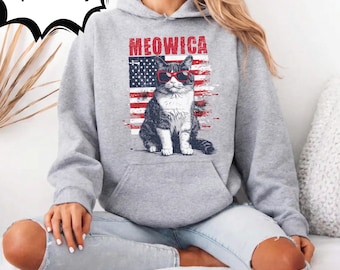 Meowica Cat American Flag Hoodie & Sweatshirt, Funny Patriotic Cat Lover Gift, 4th of July Unisex Pullover, Aesthetic Cat Mom, USA Style Cat