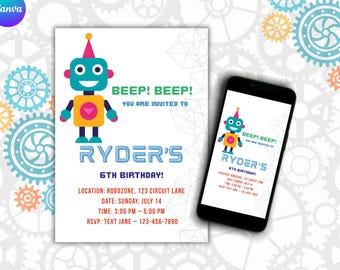 Puede incluir: Una invitación de cumpleaños con un diseño de robot. La invitación incluye el texto "BEEP! BEEP! ¡Estás invitado/a al 6º cumpleaños de Ryder!" con detalles del evento. Un smartphone muestra el mismo diseño.