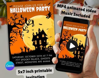 Halloween Animated Invitation | Editable Video Evite & Printable Canva Template | Ghost Party Digital Download