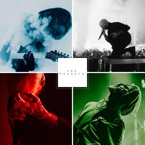 Peut inclure: Un collage en quatre parties avec une esthétique sombre et atmosphérique. Une image montre une personne jouant de la guitare dans de la fumée bleue. Une autre montre une personne chantant dans un microphone. Le texte "26 X PRESETS" est au centre.