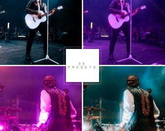May include: A musician performing on stage, holding a white acoustic guitar and singing into a microphone. The image is split into four sections, with the text "3 X PRESETS" in a white box. The stage is lit with purple and blue lights.