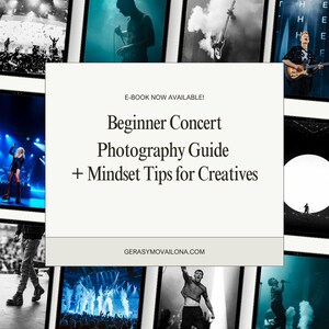 以下が含まれることがあります： コンサート写真の画像を使用した電子書籍の表紙。中央のテキストは「Beginner Concert Photography Guide + Mindset Tips for Creatives」と表示されています。ウェブサイトのアドレスが下に表示されています。背景にはコンサートの写真が使用されています。
