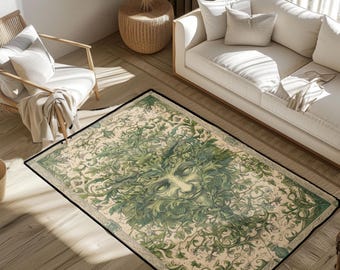 Green Man Pagan Deity Rug, Celtic Folklore Nature Worship Area Rug, Spiritual Meditation Floor Mat, Wiccan Altar Home Decor Mythological Rug