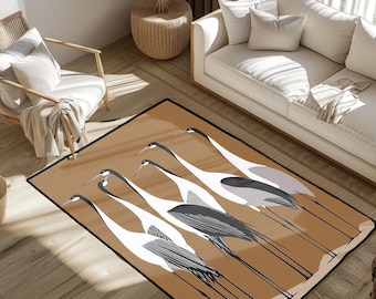 Japanese Crane Art Rug, Bird Watching Hobby Area Rug, Asian Art Lover Floor Mat, Good Fortune Symbol Rug, Zen Meditation Home Decor Area Rug